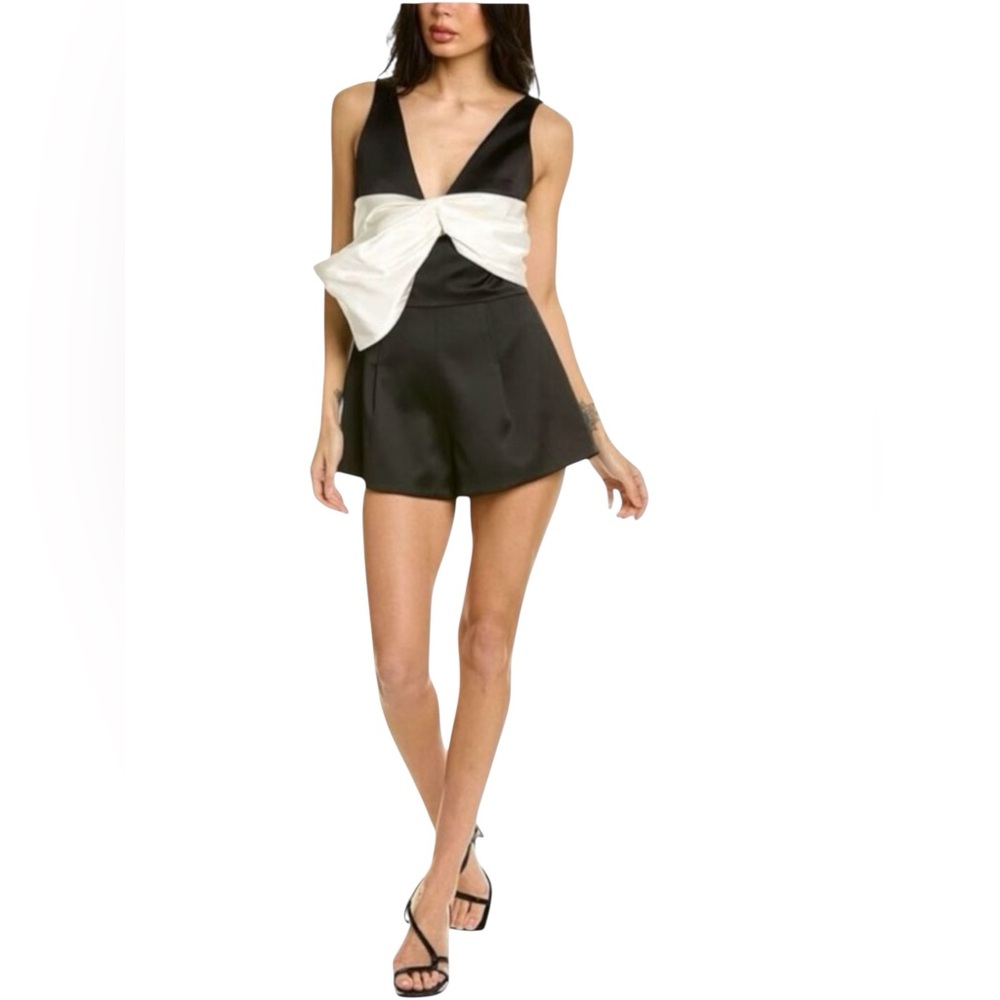 NWT Alexis Gian Black Satin Romper with Bow Detail